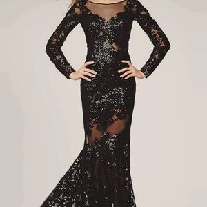 Jovani 32607 black lace and mesh sequin gown